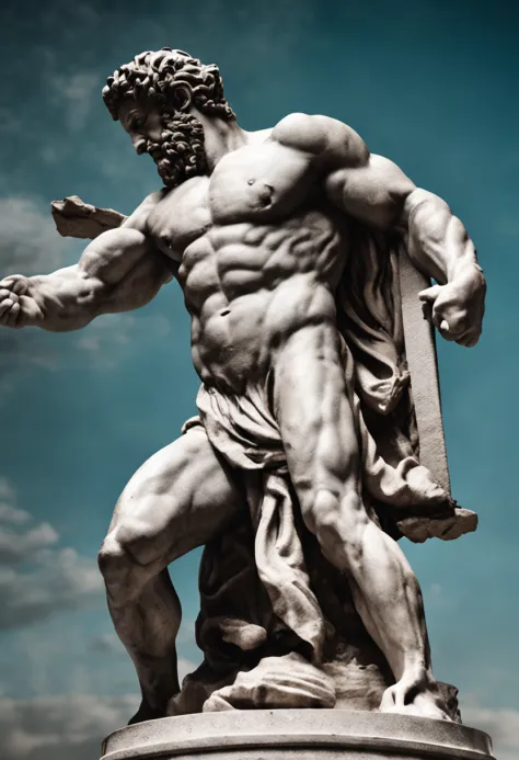 Hercules-like Greek statue, close-up, 8k, black background