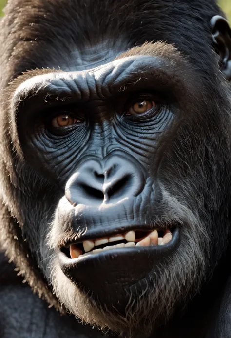 Roaring King Kong，head portrait，Close-up，of a real，Facial features are carefully depicted，Realistic skin texture，Dark style，depth of fields，high light，Real light，Ray traching，oc rendered，Hyper-realistic，best qualtiy，8K，Works of masters，super-fine，Detailed ...