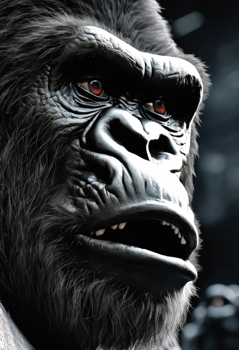 Roaring King Kong，head portrait，Close-up，of a real，Facial features are carefully depicted，Realistic skin texture，Dark style，depth of fields，high light，Real light，Ray traching，oc rendered，Hyper-realistic，best qualtiy，8K，Works of masters，super-fine，Detailed pubic hair，Correct anatomy，sharp focus on eyes，Bokeh，Facial features are carefully depicted