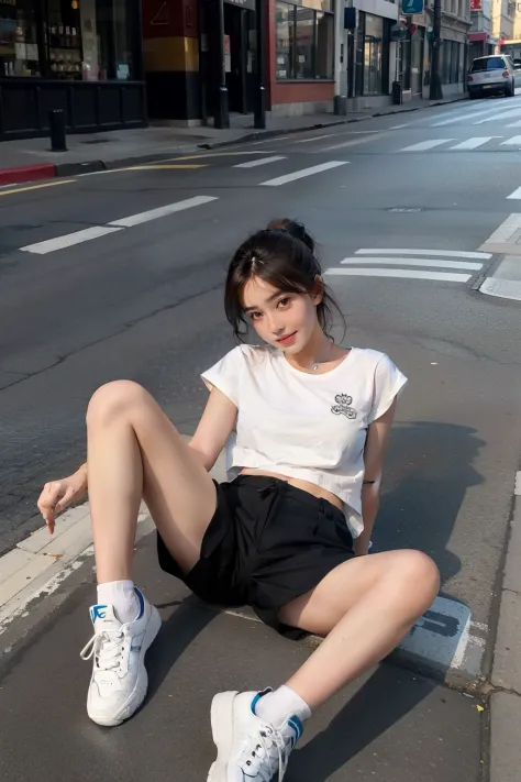 Beautiful girl，is wearing a shorts，the street，spread their legs