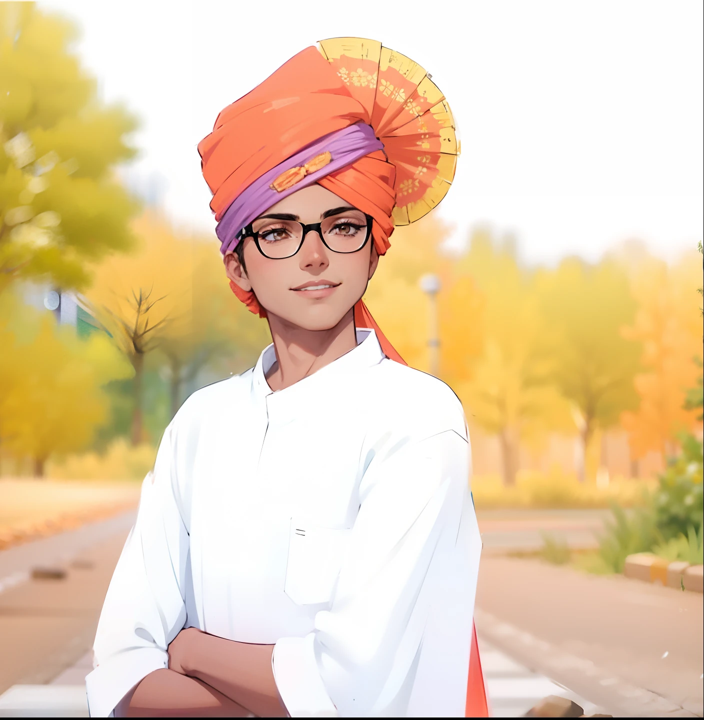 (masterpiece),(best quality:1.0), (ultra highres:1.0), detailed illustration, 8k, 1boy, anime boy, wearing punjabi, smiling, glassses, detailed face, perfect face, anime eyes, detailed eyes, dark brown eyes, detailed hair, highlights in hair, sunny, day time, highly detailed, anime style, vibrant