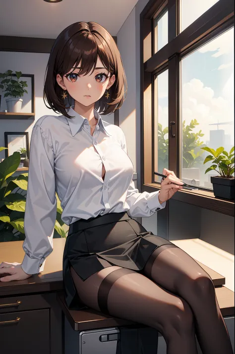 Need，tmasterpiece，Lots of detail，Highest high resolution，office room，workplace，1female，brown  hair，short detailed hair，with brown eye，White shirt top，Black hip skirt，black pantyhoses，office desk，There are potted plants on the table，There is a computer on t...