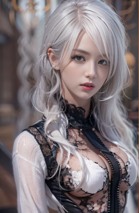 Photorealistic, high resolution, 1 Women, Solo, Hips up, view the viewer, (Detailed face), White hair, Black lace bodysuit