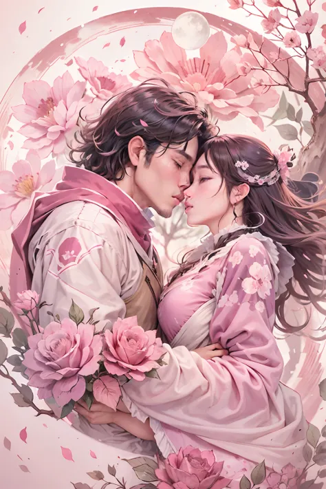 ,1 moon，Romantic couple kissing in the wind，anatomy correct, Delicate pattern，Oriental elements，Ink painting style, Clean colors,Pink rose space, Soft lighting, ( Bokeh)，Masterpiece, Super detailed, Epic composition, Highest quality, 8K，