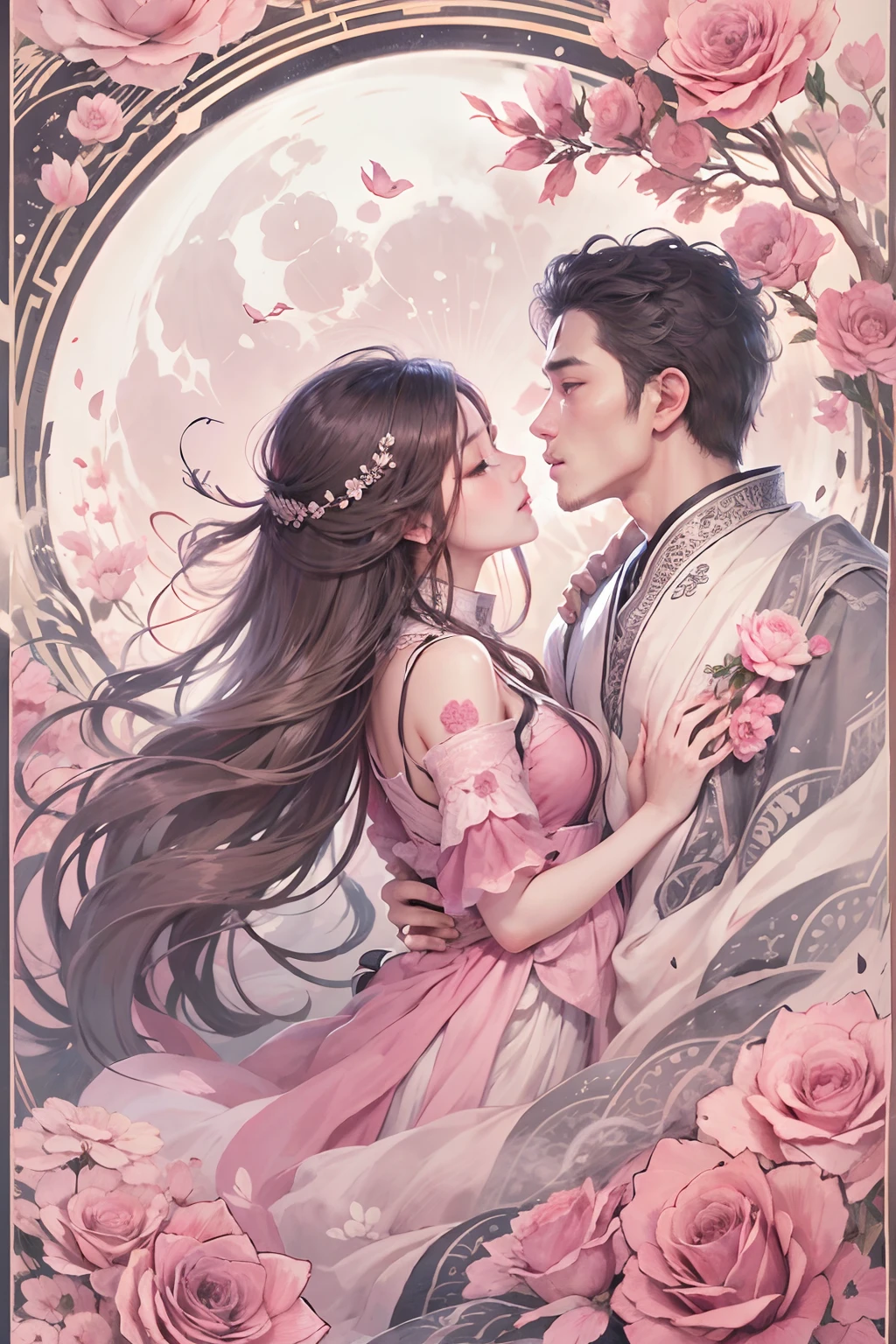 ,1 moon，Romantic couple kissing in the wind，anatomy correct, Delicate pattern，Oriental elements，Ink painting style, Clean colors,Pink rose space, Soft lighting, ( Bokeh)，Masterpiece, Super detailed, Epic composition, Highest quality, 8K，