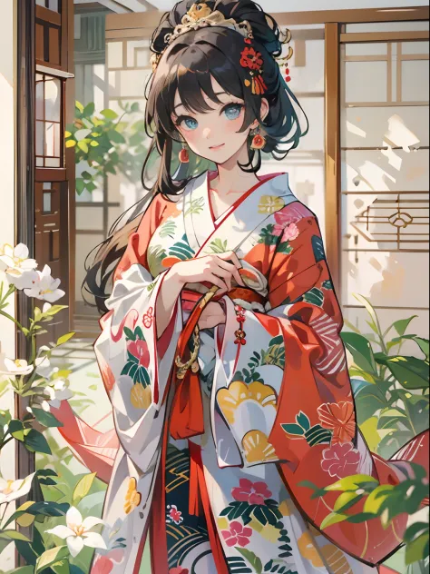 Master Pieces,hyper quality, Hyper Detailed,Perfect drawing,独奏、Beauty in the world、Komono、Japanese dress、Black-haired、Japanese hair、Colorful Japan kimono、Uchikake、Nishijin Ori、Delicate and smart eyes、ssmile、sidelong glance、Graceful、Gorgeous、Beautiful、red b...