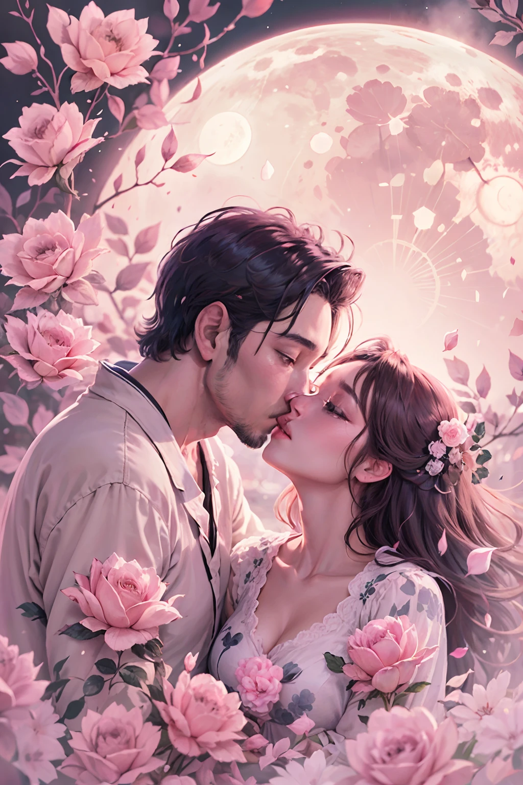 ,1 moon，Romantic couple kissing in the wind，anatomy correct, Delicate pattern，Oriental elements，Ink painting style, Clean colors,Pink rose space, Soft lighting, ( Bokeh)，Masterpiece, Super detailed, Epic composition, Highest quality, 8K，