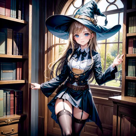 1girll，Western-style witch costume，inside a library，black lence stockings
