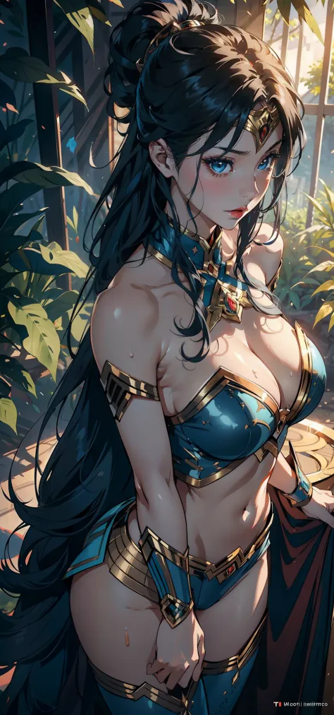 1female，35yo，熟妇，Slim，Tall，gigantic cleavage breasts，Big breasts Thin waist，slenderlegs，Pornographic exposure， 独奏，（Background with：ln the forest，the rainforest，in summer） She has long blue hair，standing on your feet，Sweat profusely，drenched all over the bod...