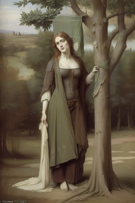 (((Pre-Raphaelite painting of poor tattered Celtic hangs a rag of clothing on the gualet of a tree, Floresta celta)))