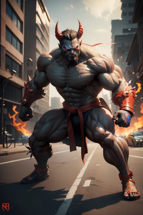 street-fighter, satan-head, building-background, masterpiece, 3d render, high quality, high detailed, epic, dynamic effect, specular lighting, hdr, 8k full body picture quality, nanite raytraced, 8k resolution, intricate, dramatic, best quality, ultra high...