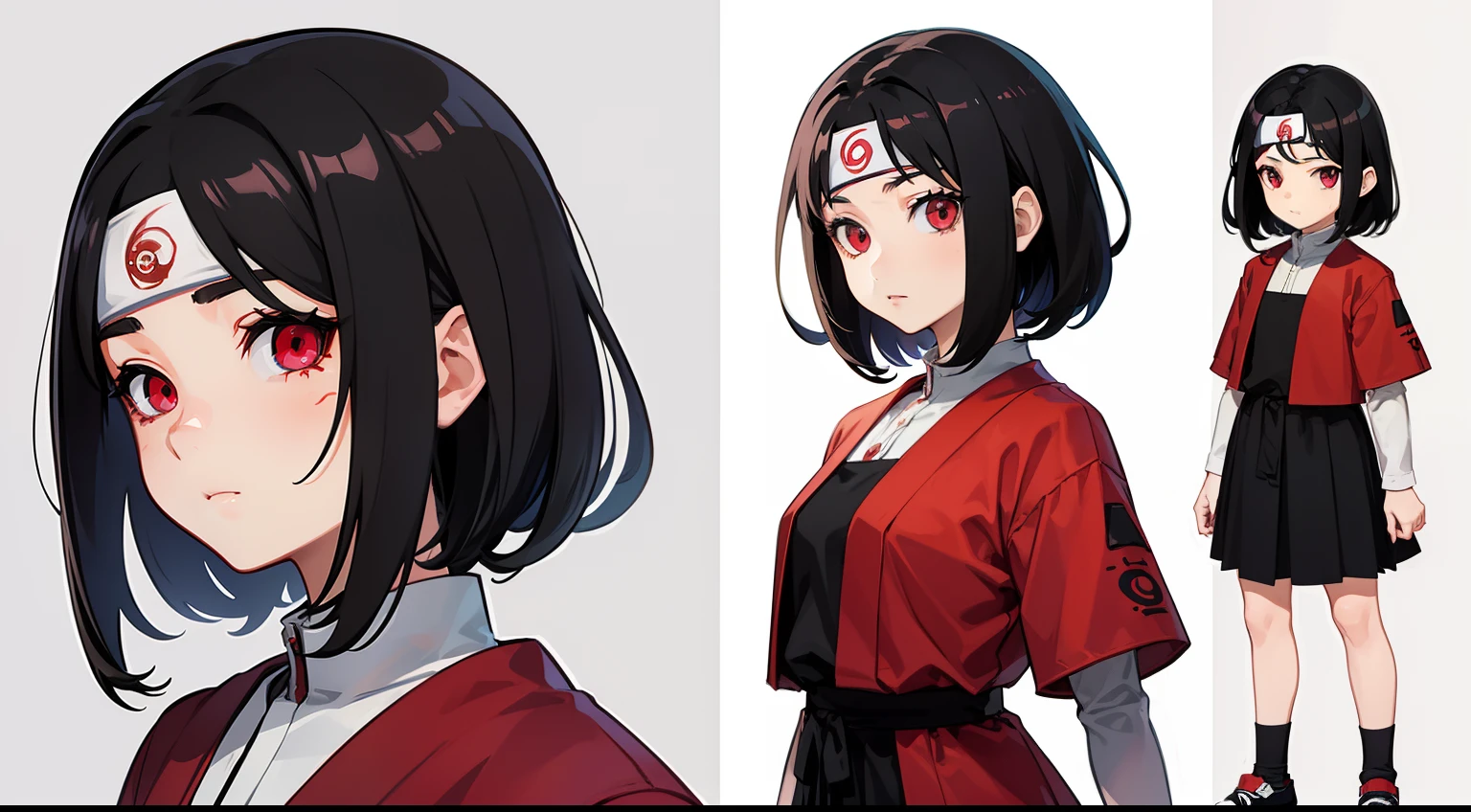 Personagem de anime com olhos vermelhos e cabelo preto em um vestido  vermelho - SeaArt AI