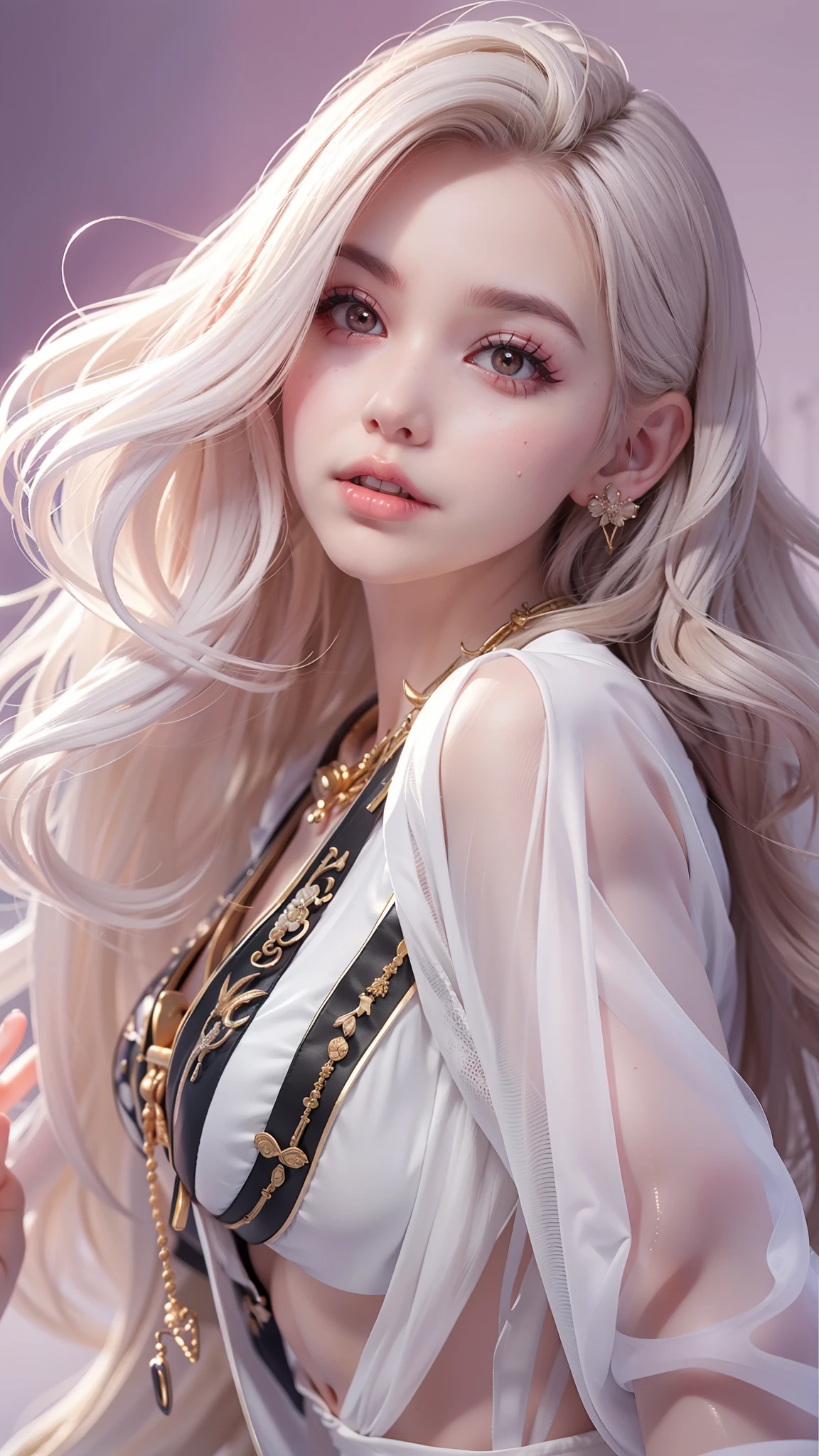 best qualtiy，tmasterpiece，8K分辨率，real photograph，Kizi，Golden ratio figure，long  white hair，light make-up，largeeyes，Translucent red lips，High-gloss nose tip，Slim，Super big breasts，looking at viewert，The body faces the audience，exposed。