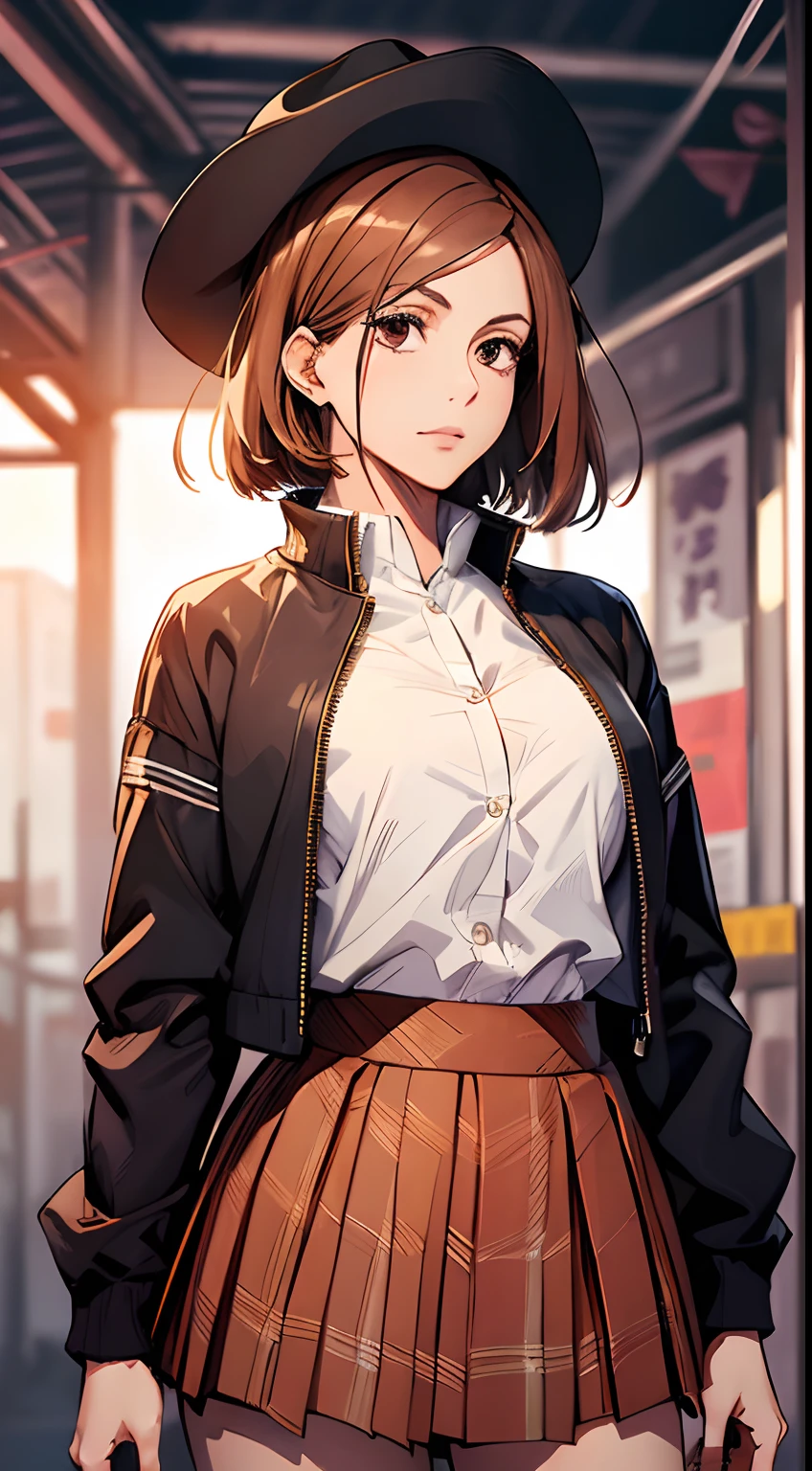 1girl, cowboy shot, beautiful Nobara, school_uniform, bangs, jacket,, volumetric lighting, best quality, masterpiece, intricate details, tonemapping, sharp focus, hyper detailed, trending on Art Station, 4k,full body