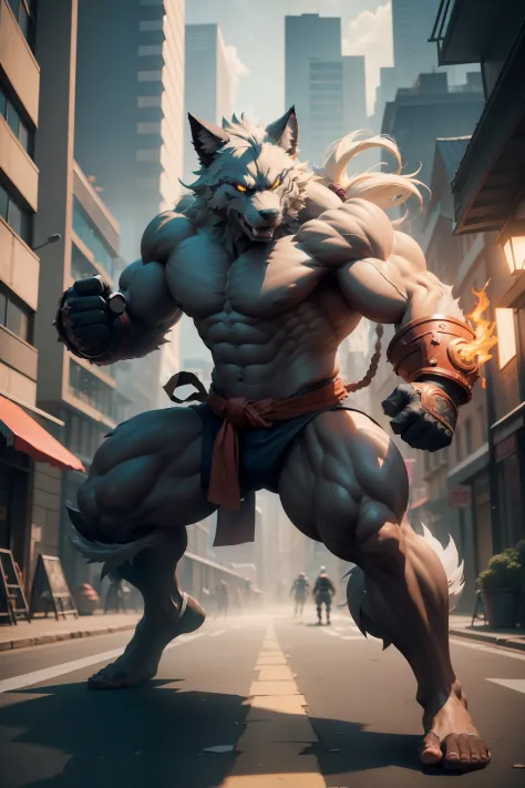street-fighter, wolf-head, building-background, masterpiece, 3d render, high quality, high detailed, epic, dynamic effect, specular lighting, hdr, 8k full body picture quality, nanite raytraced, 8k resolution, intricate, dramatic, best quality, ultra high ...
