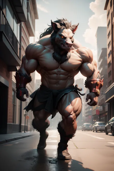 street-fighter, wild boar-head, building-background, masterpiece, 3d render, high quality, high detailed, epic, dynamic effect, specular lighting, hdr, 8k full body picture quality, nanite raytraced, 8k resolution, intricate, dramatic, best quality, ultra ...