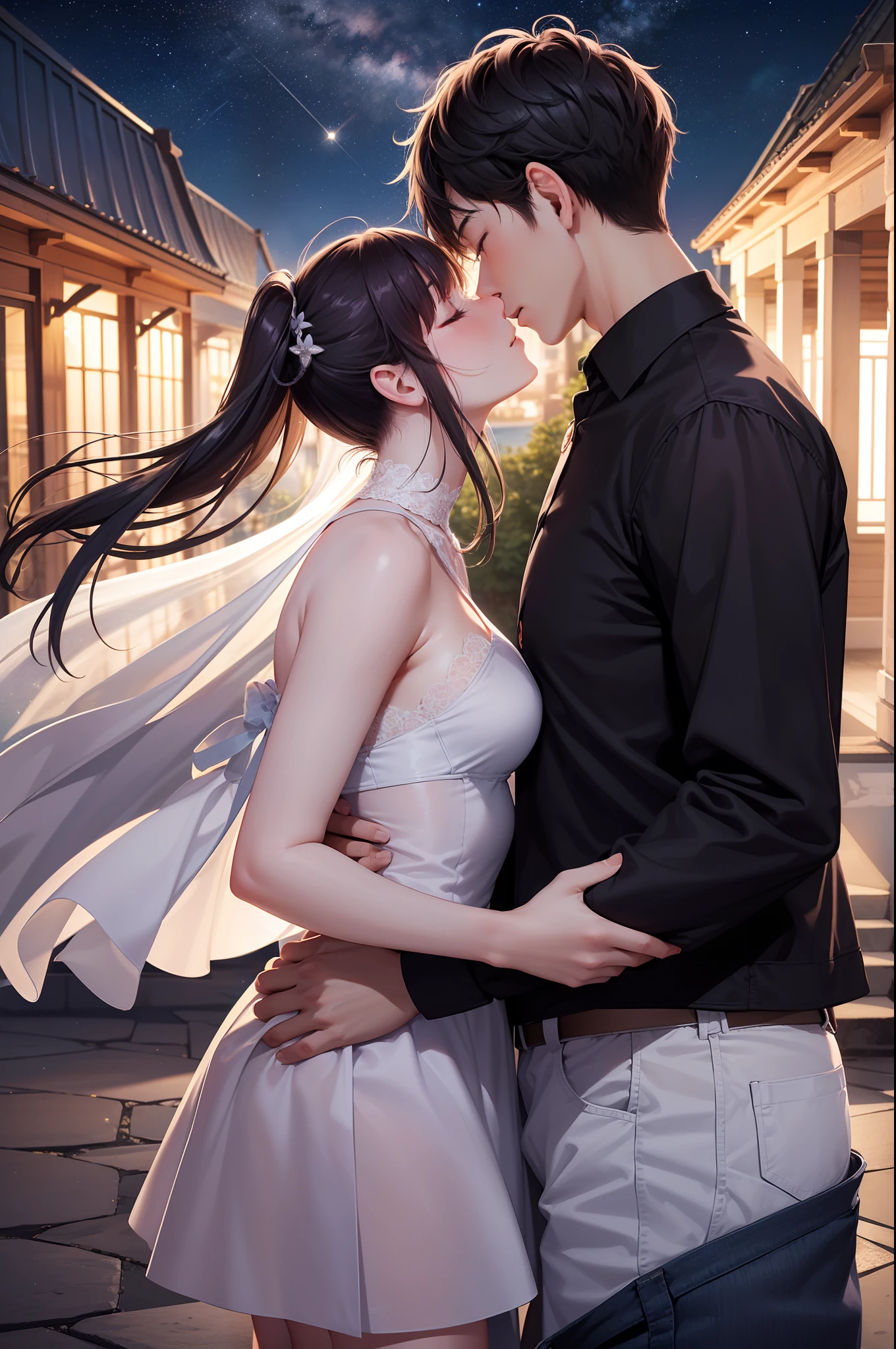 Anime couple kissing in front of a building at night - SeaArt AI