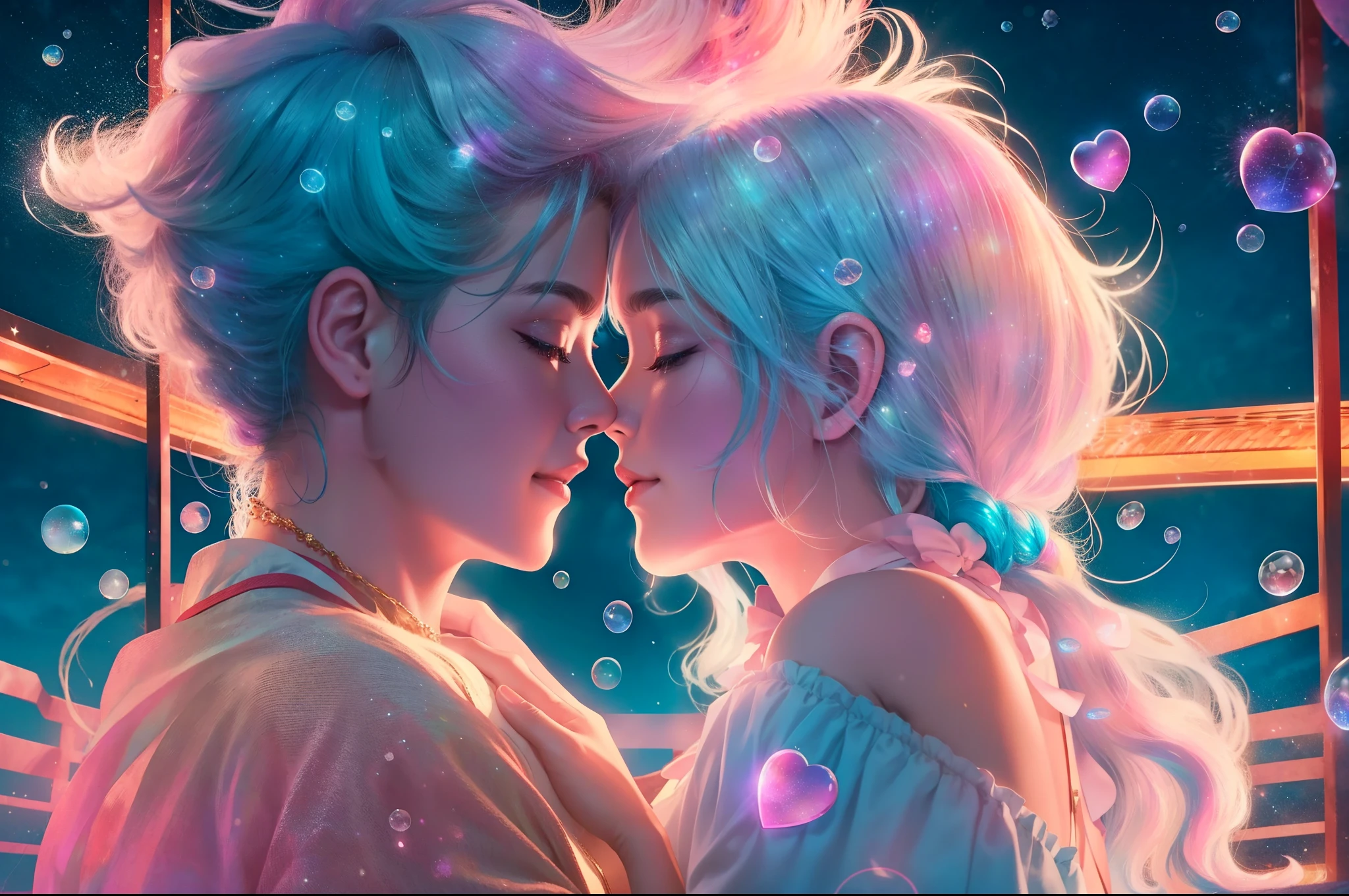 Romantic couple kissing in the wind，Blue-haired boy，Girl with pink hair，glowing stars，Glow effects，Heart-shaped bubbles，the night，On a cruise ship，fire works，The face is clear and accurate，detail in face，super-fine，beachside，16K resolution，high qulity，电影灯光，High picture detail，dynamic viewing angle，Detailed pubic hair，Epic shooting，oc rendered