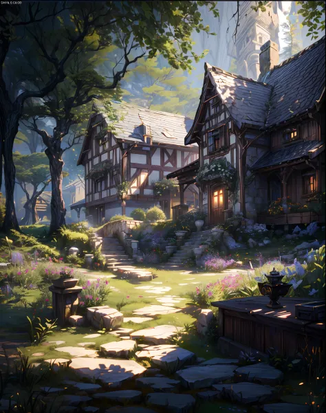there is a small house in the middle of a garden, unreal engine fantasy art, villages ， unreal engine, beautiful render of a fai...