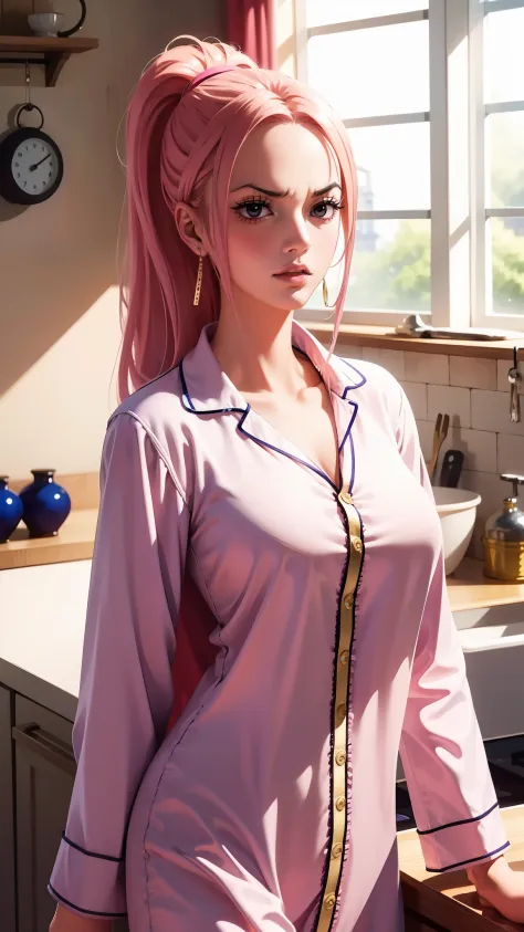 hina from anime one piece, long hair, pink hair, ponytail hair, perfect body, perfect breasts, beautiful woman, very beautiful, wearing white sleeping pajamas, nightgown, pajamas, wearing a watch wearing earrings, in the kitchen, dry kitchen, Realism, mast...