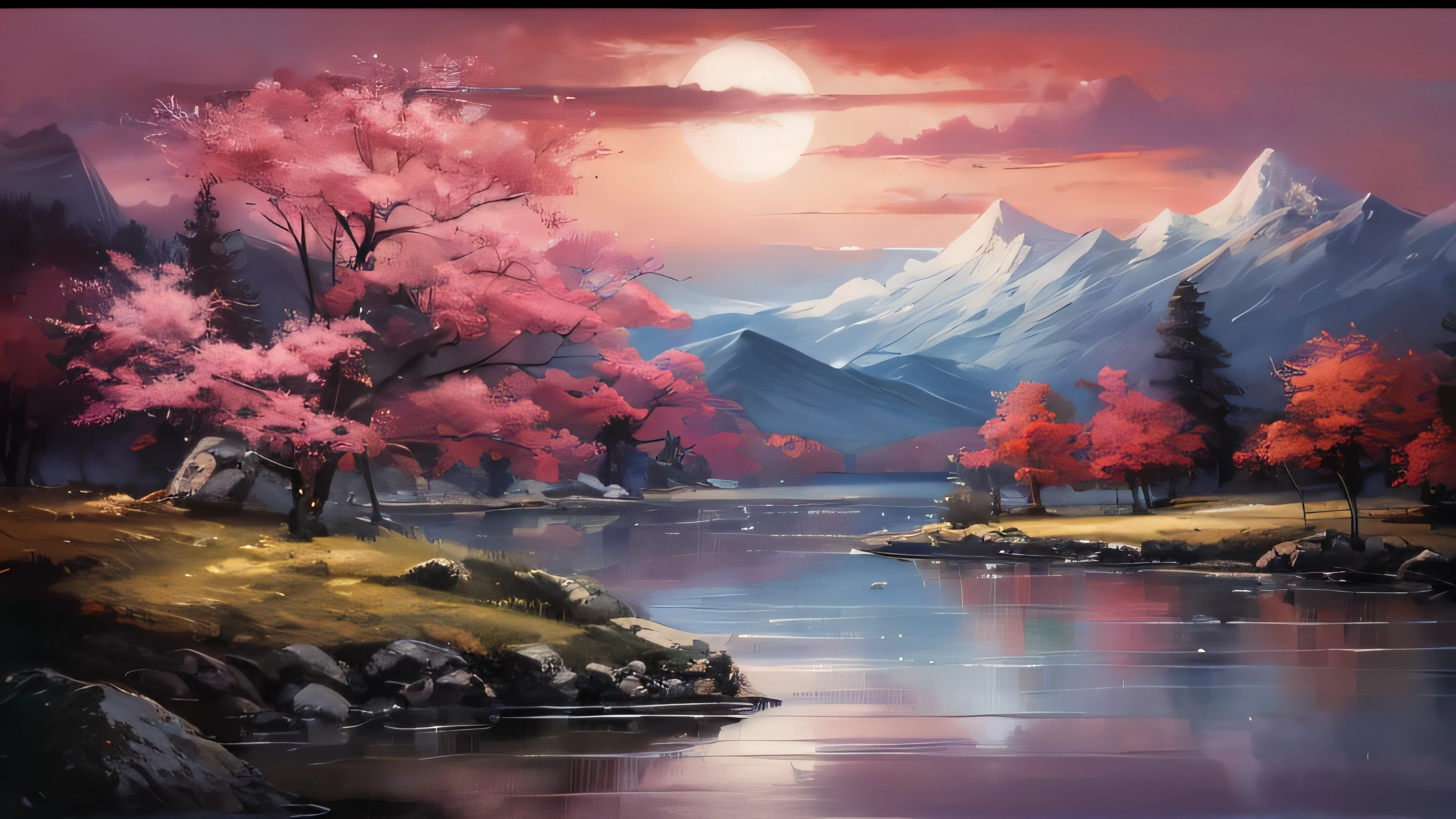 painting of a beautiful mountain landscape with a lake and trees, scenery artwork, detailed painting 4 k, 4 k digital painting, 4k digital painting, japanese art style, scenery art detailed, japanese landscape, dream scenery art, 4 k highly detailed art, the most beautiful landscape, anime beautiful peace scene, anime landscape, beautiful digital painting, peaceful landscape