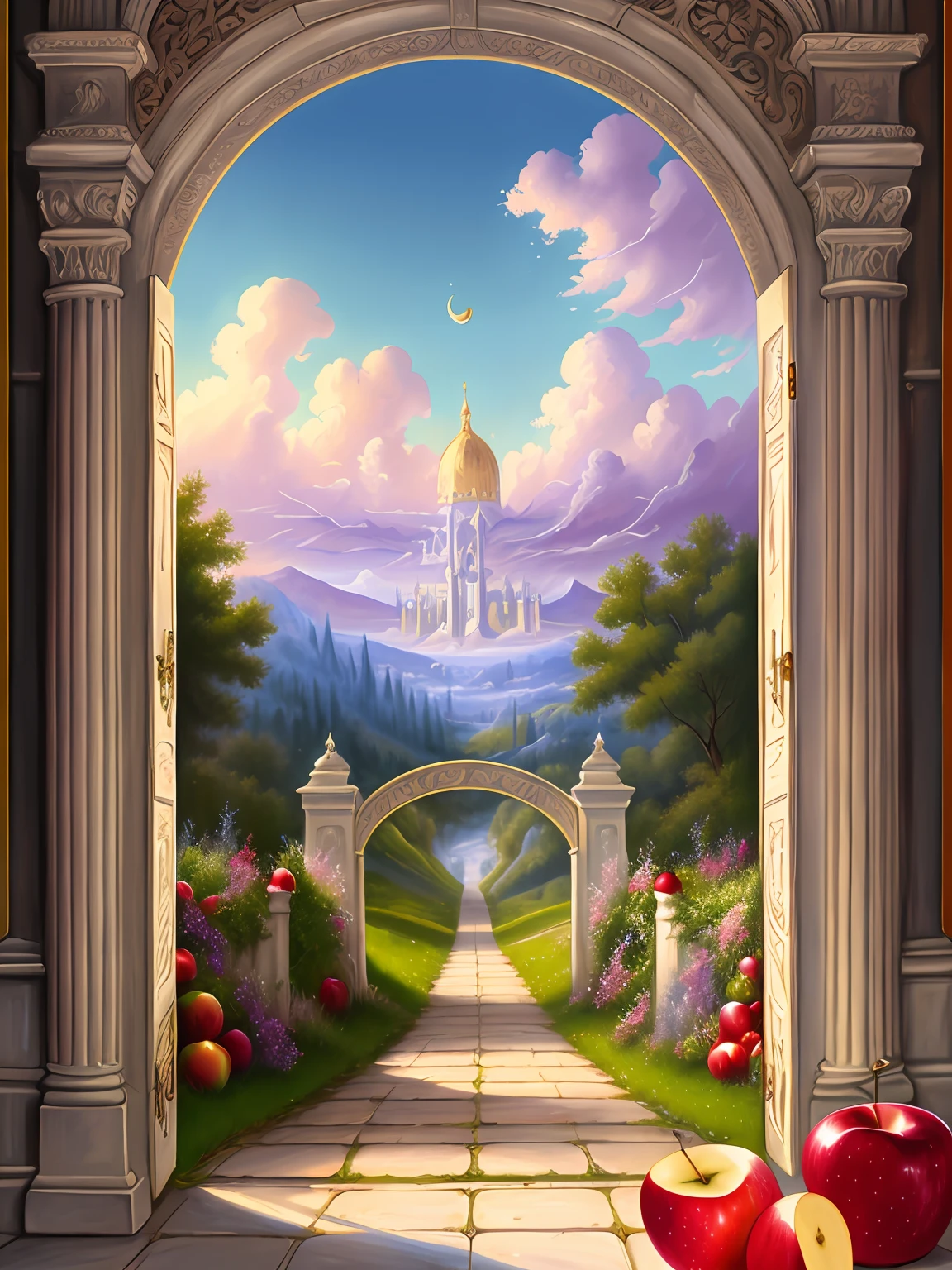 Heaven fantasy painting, big pearly gate in heaven, apples, fruit, 8k, trending on art station, digital art, Raphael Lacoste