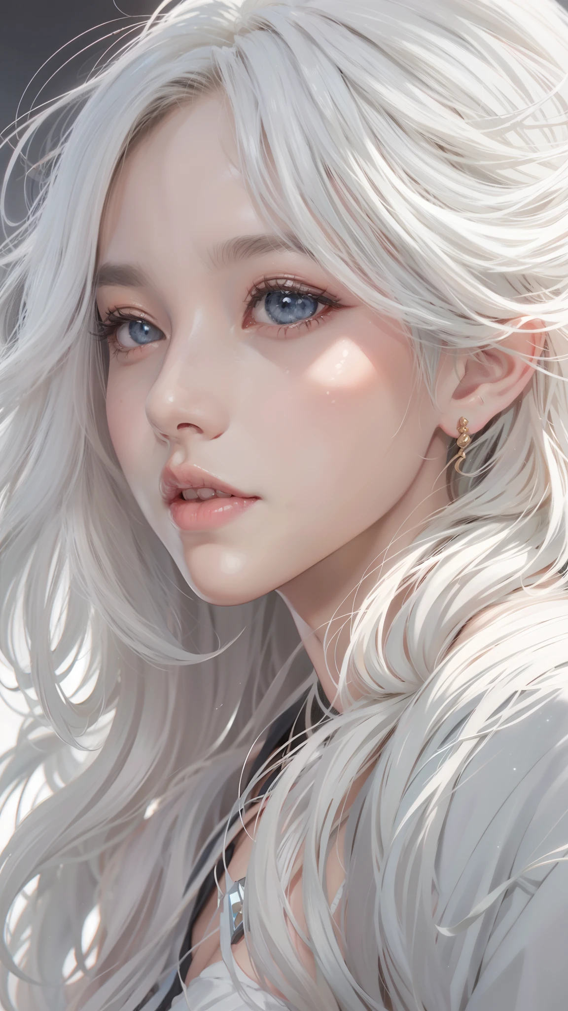 Blonde haired girl，Long white hair posing for photos, an anime drawing by Yang J, Pisif, Digital art, Girl with white hair, Photorealistic anime, Perfect white haired girl, Guviz, a beautiful anime portrait, Stunning anime face portrait, Guviz-style artwork, hyper realistic anime, long  white hair, with long white hair，Super big breasts，exposed。