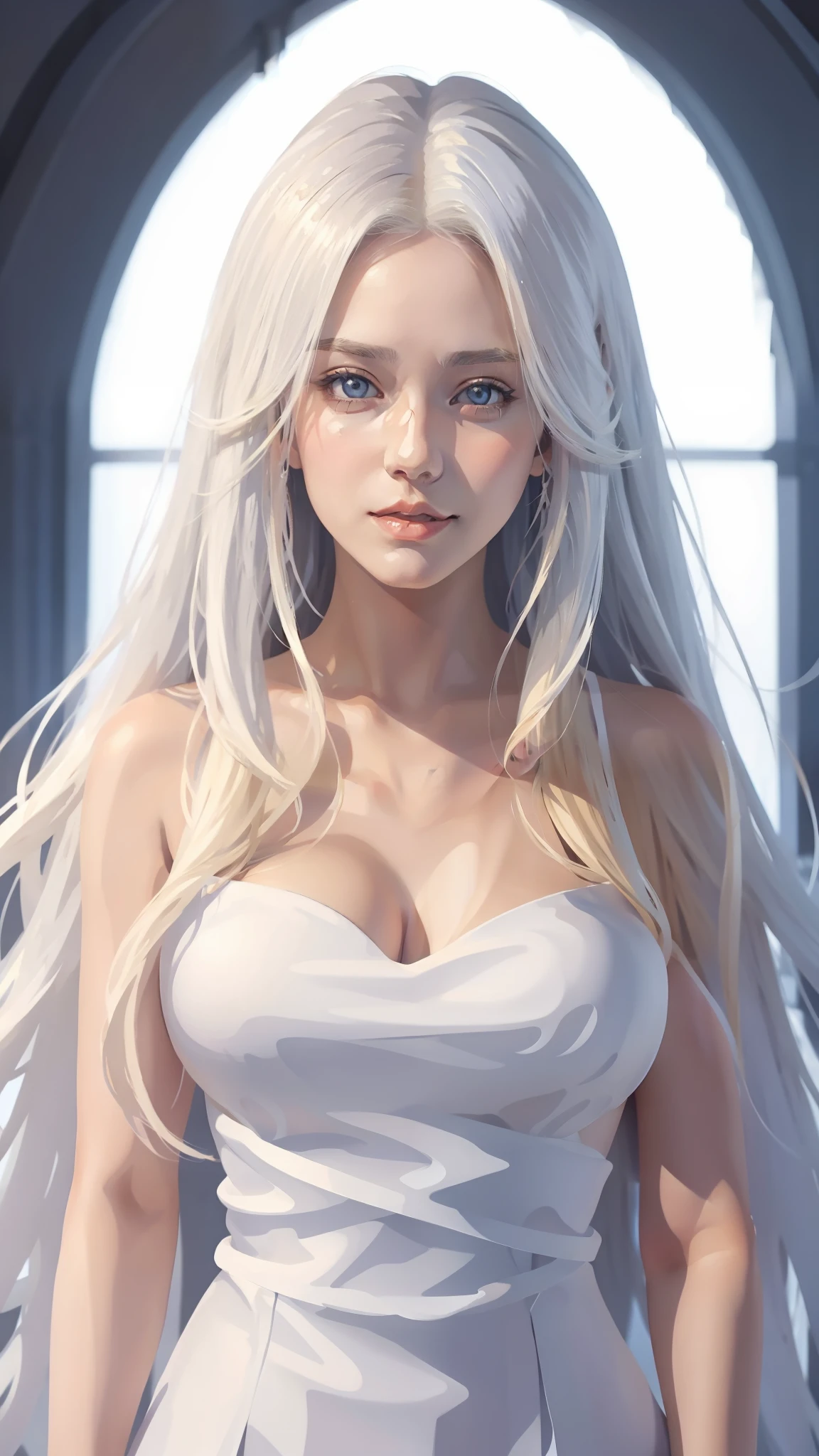 Blonde haired girl，Long white hair posing for photos, an anime drawing by Yang J, Pisif, Digital art, Girl with white hair, Photorealistic anime, Perfect white haired girl, Guviz, a beautiful anime portrait, Stunning anime face portrait, Guviz-style artwork, hyper realistic anime, long  white hair, with long white hair，Super big breasts，exposed。