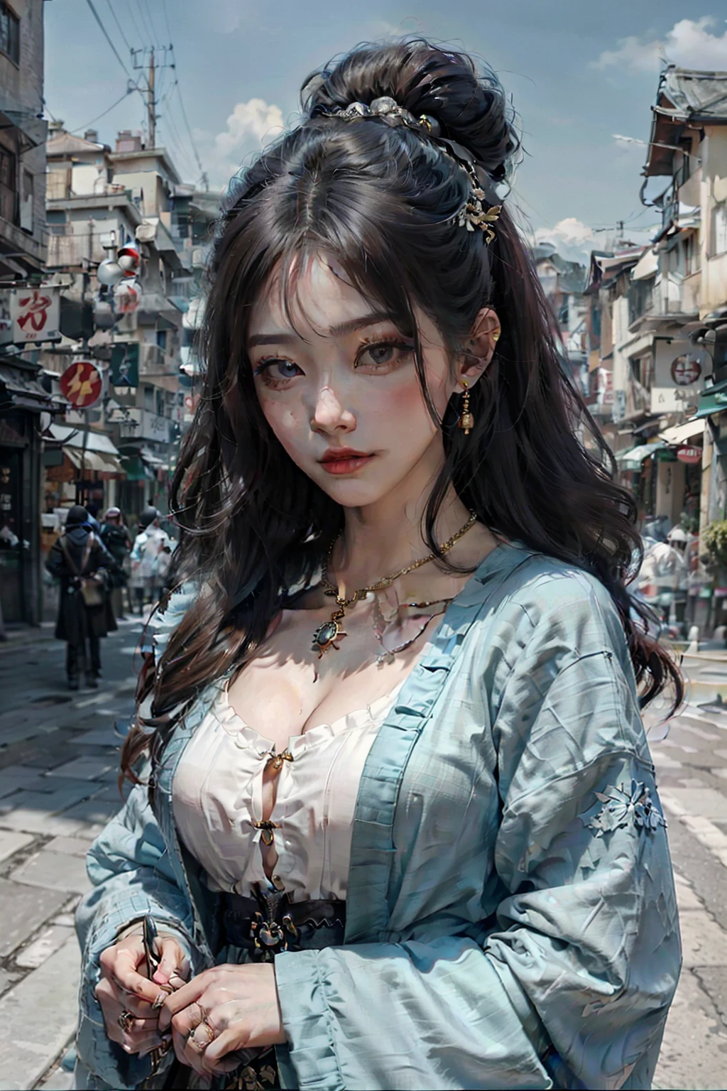 Close-up of a woman wearing a necklace and ring, a colorized photo inspired by Du Qiong, Tumblr, Realism, Guviz, Palace ， A girl in Hanfu, Chinese girl, Traditional beauty, Guviz-style artwork, Anime girl in real life, 8K)), kanliu666, wan adorable korean face,Super big breasts，exposed。