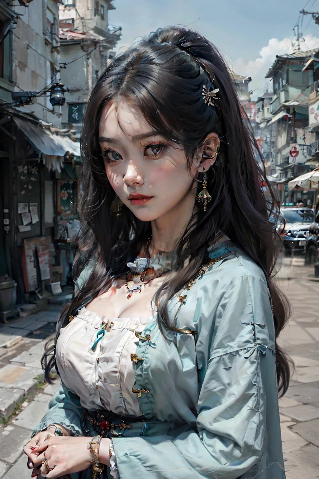 Araffe asian woman in a blue dress and gold jewelry - SeaArt AI