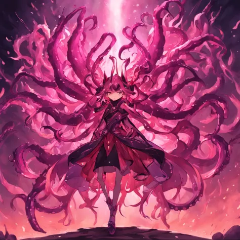 cephalopod, red tentacles, dark pink and purple puffy armor, king of demons and earthly spirits, masterpiece, Best Quality