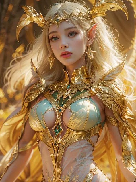 A close up of a elf fairy in a golden costume, unreal engine render + a goddess, unreal 6 breathtaking detailed, 8k, digital art, artgerm, 3d, Movie Still, warm color, vibrant, volumetric light, full body portrait