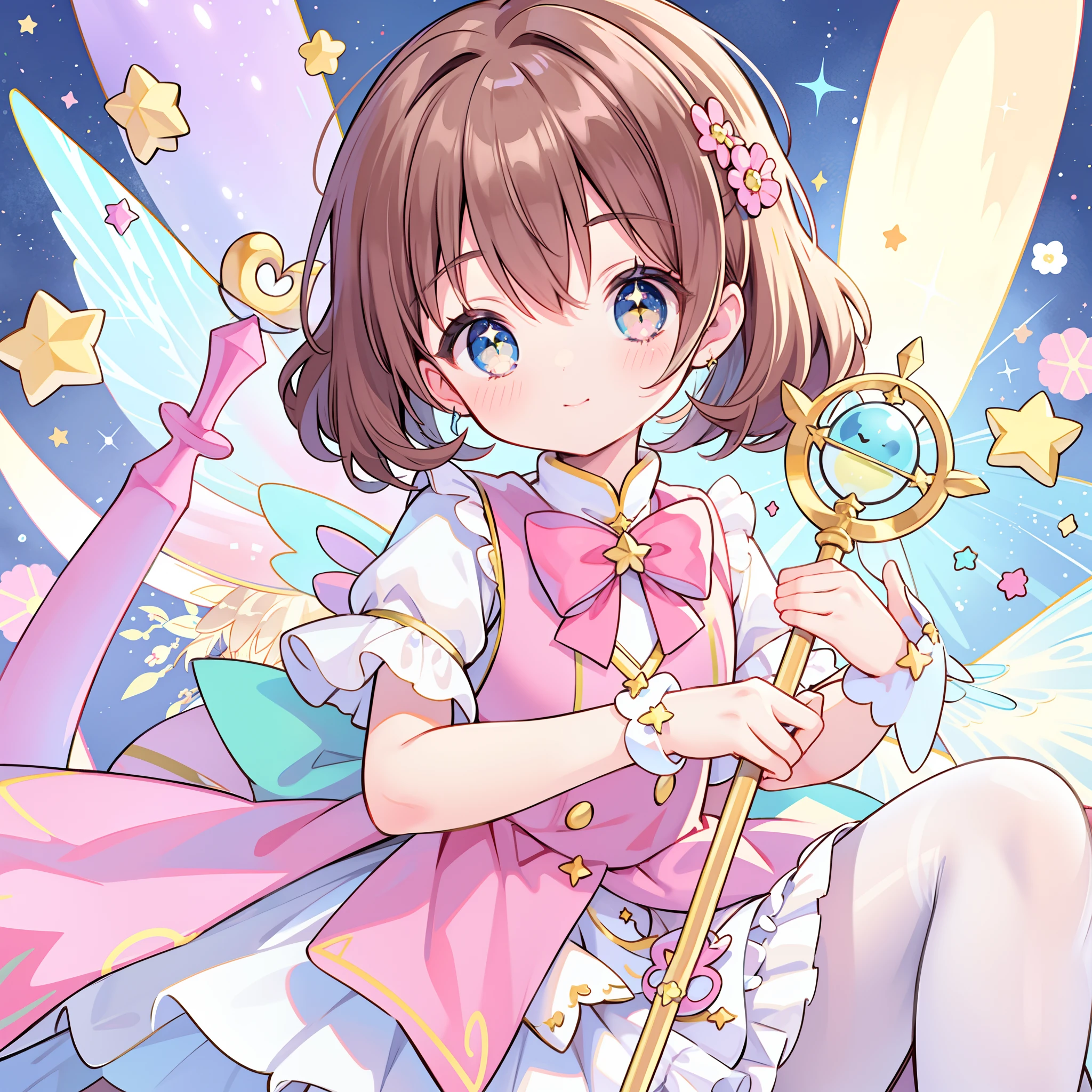 k hd，Anime girl with wand and star wand in her hand, portrait of magical girl, sparkling magical girl, magical little girl, cardcaptor sakura, pin on anime, clean and meticulous anime art, magical girl anime mahou shojo, beautiful anime art style, cute anime girl portraits, carrying a magical staff, zerochan art, lovely art style, astral fairy, Soft anime illustration