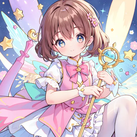 k hd，Anime girl with wand and star wand in her hand, portrait of magical girl, sparkling magical girl, magical little girl, card...
