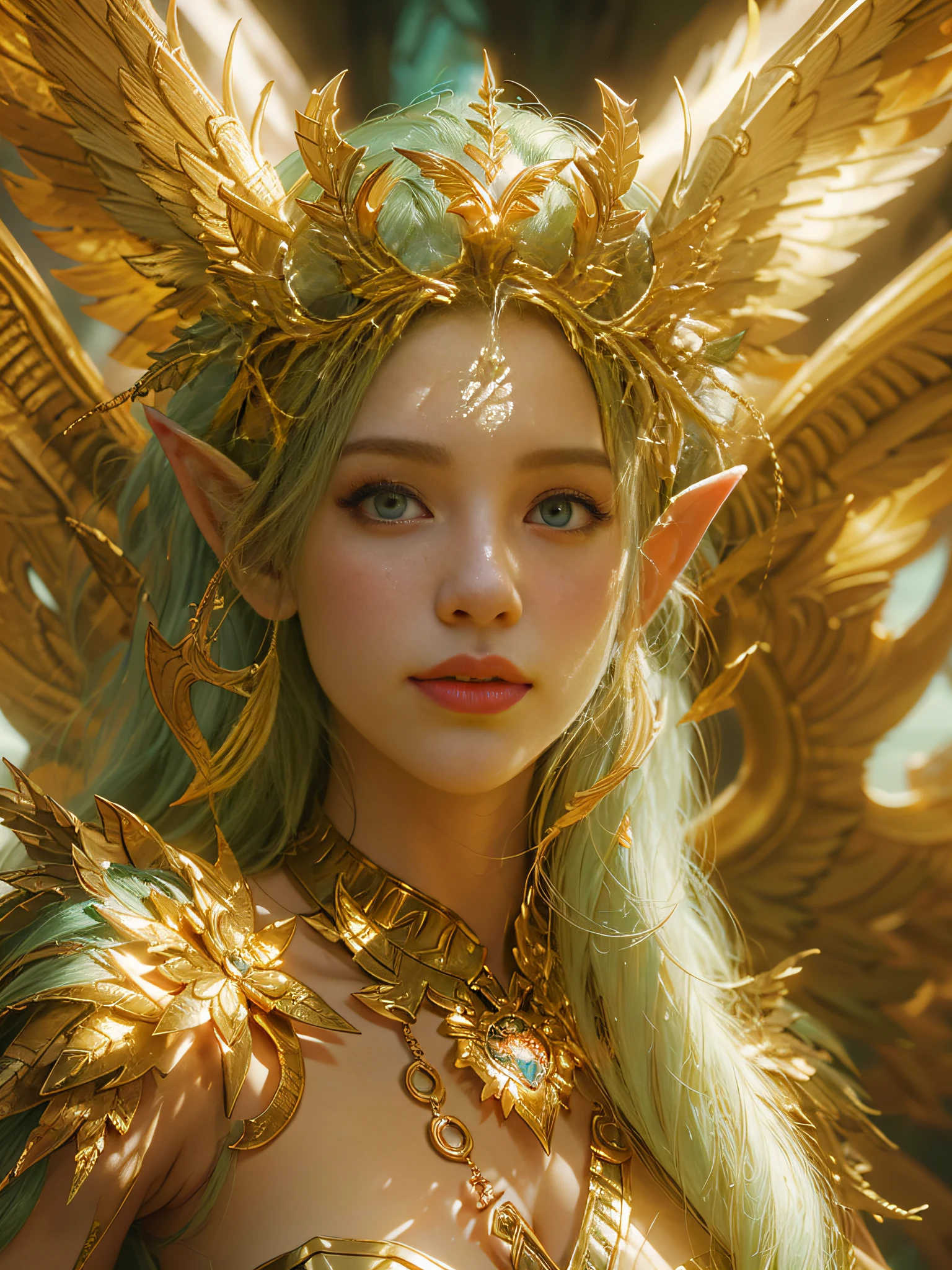 Eine Nahaufnahme einer Elfe in einem goldenen Kostüm, Unreal Engine-Rendering + Eine Göttin, Unreal 6 atemberaubend detailliert, 8k, digital art, artgerm, 3D, Filmstandbild, warme Farbe, beschwingt, volumetrisches Licht, Ganzkörperportrait mit Flügeln
