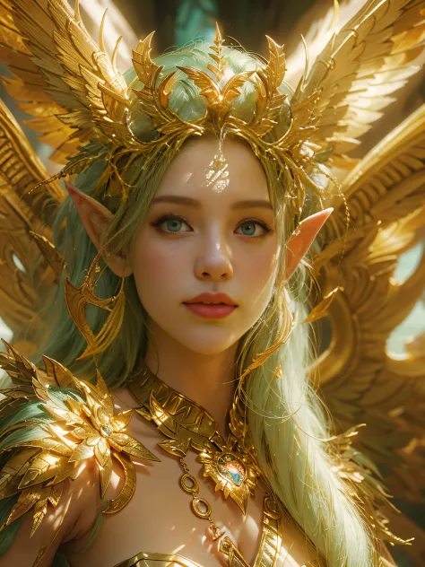 A close up of a elf fairy in a golden costume, unreal engine render + a goddess, unreal 6 breathtaking detailed, 8k, digital art, artgerm, 3d, Movie Still, warm color, vibrant, volumetric light, full body portrait with wings