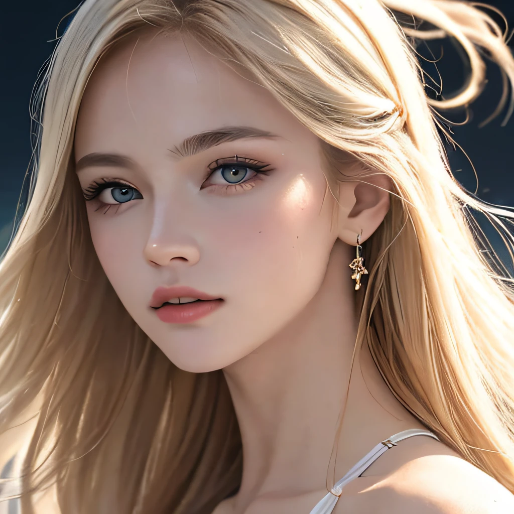 (8K, RAW Photos, of the highest quality, Masterpieces: 1.2), (Realistic, Photorealistic: 1.37), Highest Quality, Ultra High Resolution, light  leaks, Dynamic lighting, Slim and smooth skin, (Full body:1.3), (Soft Saturation: 1.6), (Fair skin: 1.2), (Glossy skin: 1.1), Oiled skin, 22 years old, Night, shiny white blonde, Well-formed, Hair fluttering in the wind, Close-up shot of face only, Physically Based Rendering, From multiple angles, The bikini