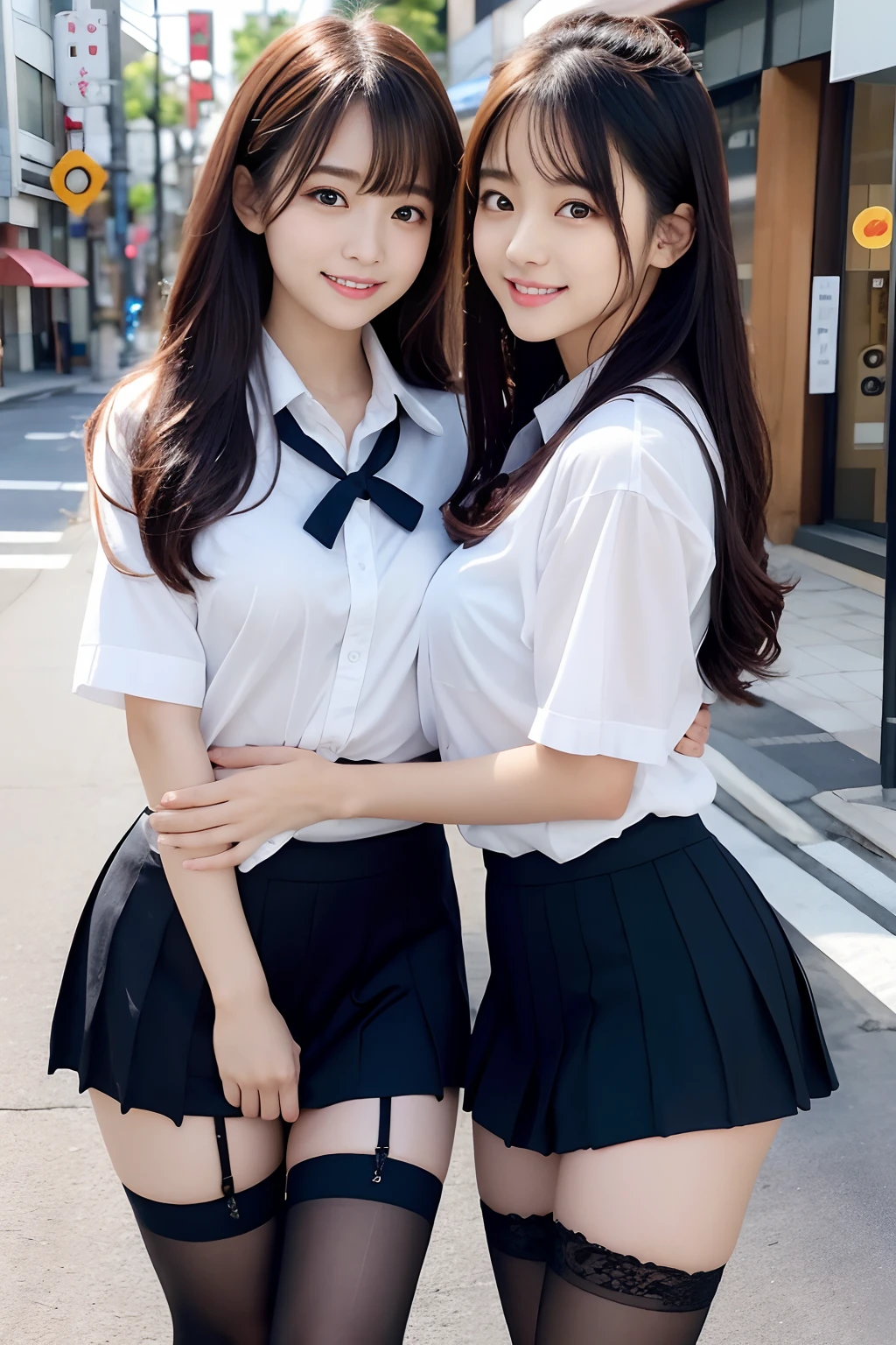 Two asian women in school uniforms posing for a picture - SeaArt AI