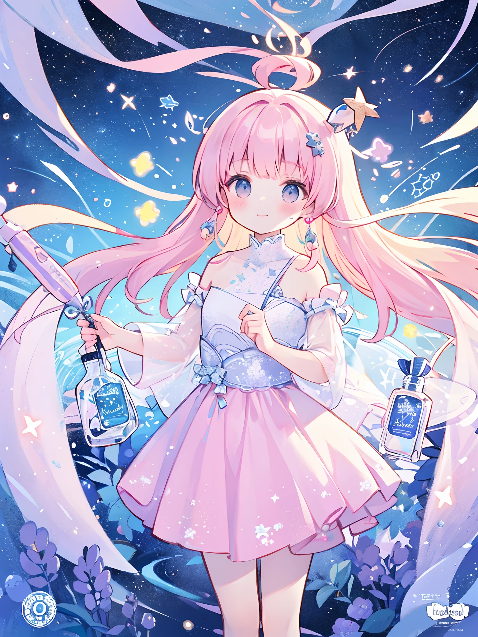 complex background, wishing star background, woman inside of the bottle wearing a ethereal mystical pink traslucent dress that reflects the stars , perfume promo art, mystic,complex drawing, highly detailed, Covergirl brand, promo art,a woman inside of a perfume bottle. artistic rendition, ethereal, starry night, midjourney style