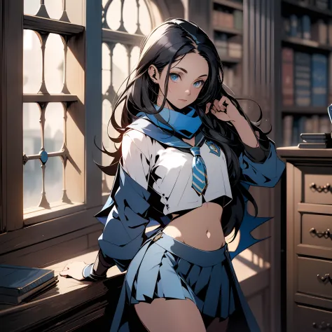 inside Hogwarts, adult, hogwarts school uniform, (( ravenclaw )), blue and silver, black hair, crop top, sexy, 18 years old, med...