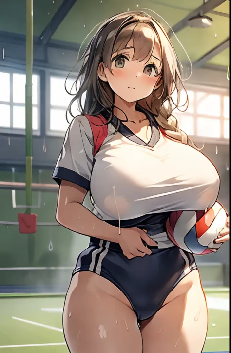 masutepiece,Best Quality,Detailed,Indoors,Gymnasium,NSFW,1girl in,Solo,Curve,Volleyball uniform,(sodden:1.5)、(ultra gigantic tits:1.3)、shaking boobs、
