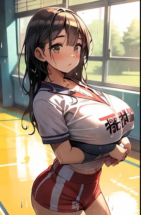 masutepiece,Best Quality,Detailed,Indoors,Gymnasium,NSFW,1girl in,Solo,Curve,Volleyball uniform,(sodden:1.5)、(ultra gigantic tits:1.3)、shaking boobs、