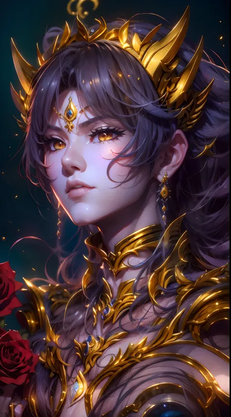 pisces golden saint seiya，the mouth bites into a red rose，full body like，combats，close-up，of a real，facial features are carefull...