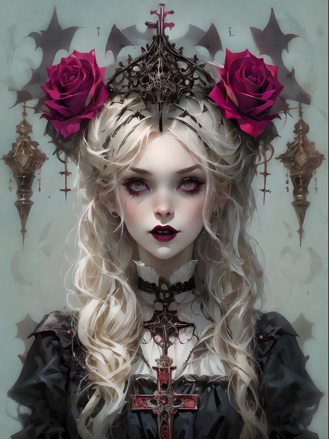 HighestQuali，tmasterpiece：1.2，Detailed details，1 Gothic girl，Black victorian dress，Gorgeous headdress，Bust，Rose flower，crosses，silver ornaments 、redheadwear、blond hair with victorian updo hairstyle 、paleskin、Black lipstick and eye shadow，Accessories include the Cross Medal，Pentagram，crosses，cloaks，shawl，Sexy，chies，a lit candle, full body image