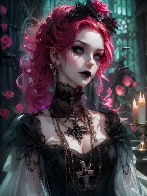 HighestQuali，tmasterpiece：1.2，Detailed details，1 Gothic girl，Black victorian dress，Gorgeous headdress，Bust，Rose flower，crosses，s...