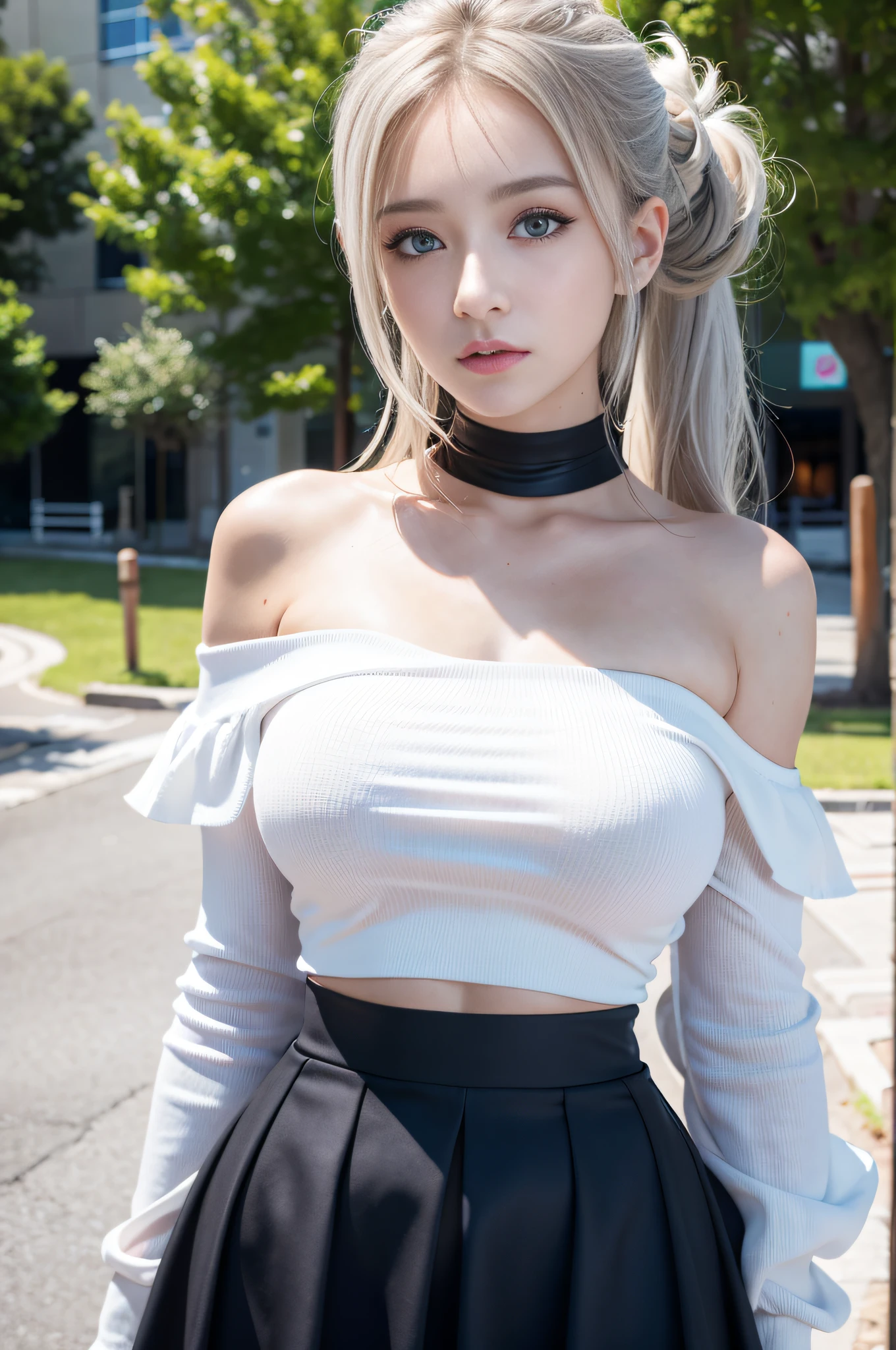 best quality, ultra high res, (photorealistic:1.4), 1girl, off-shoulder white shirt, black tight skirt, black choker, (faded ash gray messy bun:1), faded ash gray hair, (large breasts:1.2), looking at viewer, closeup,
  ,