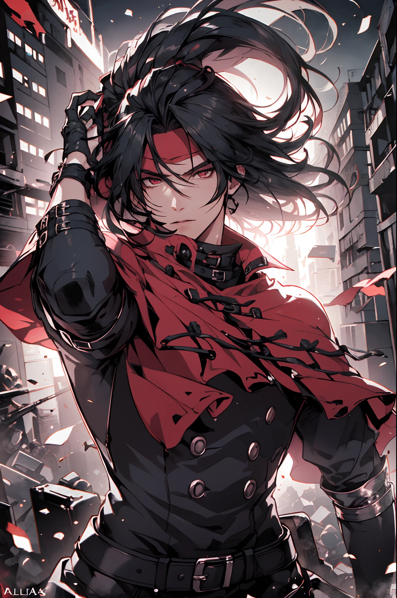 (absurdities, High Resolutions, ultra detailed, HDR), Masterpiece, The best quality, VincentValentine's Day, 1man, only, handsome,  long black hair, Red eyes, red cape, red headband, covered mouth, long neck, dark background, machine gun, surrounded by bullet, From above, dynamic  pose