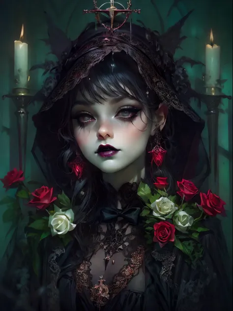 HighestQuali，tmasterpiece：1.2，Detailed details，1 Gothic girl，Black victorian dress，Gorgeous headdress，Bust，Rose flower，crosses，s...