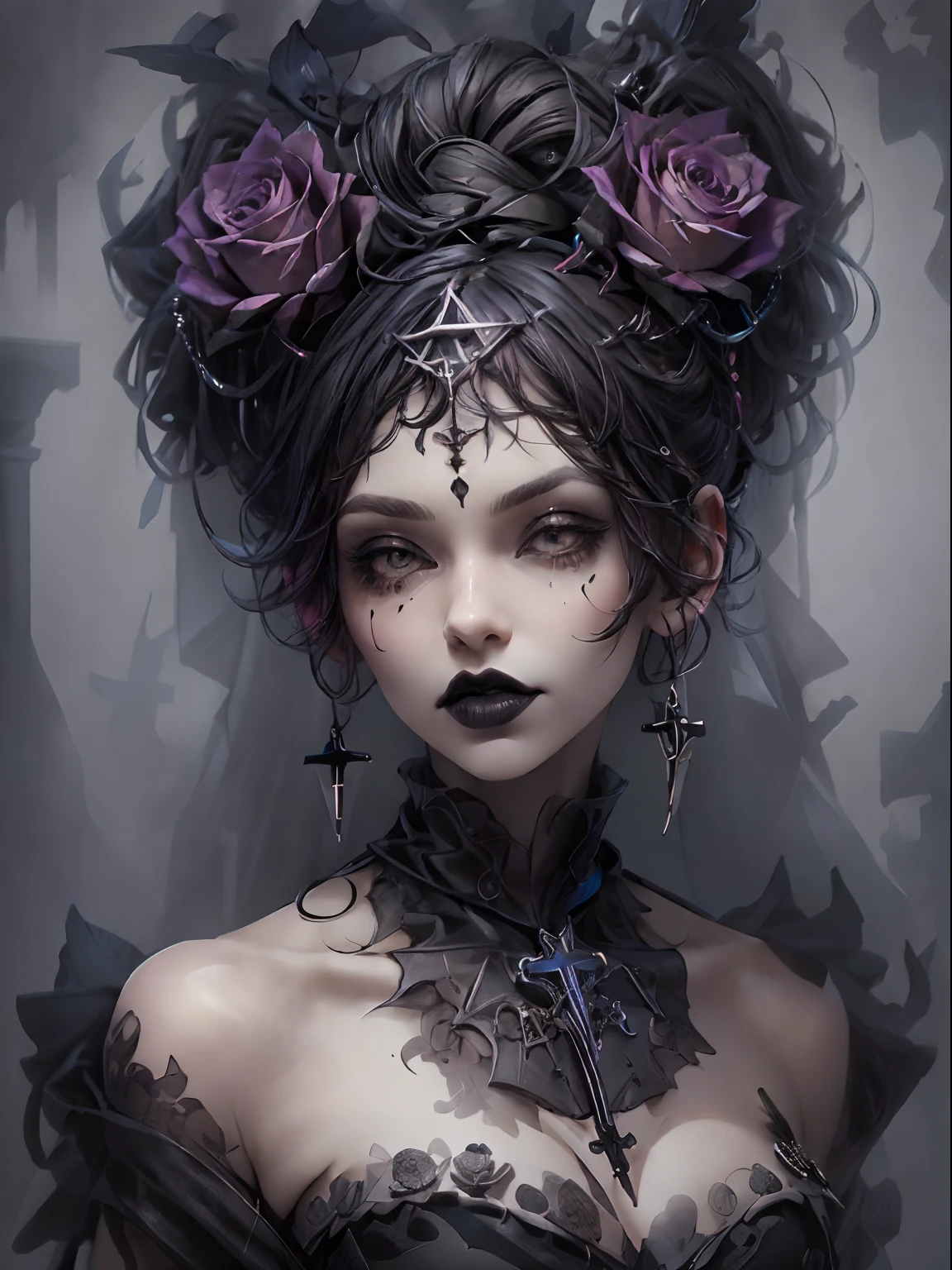 HighestQuali，tmasterpiece：1.2，Detailed details，1 Gothic girl，Black victorian dress，Gorgeous headdress，Bust，Rose flower，crosses，silver ornaments 、redheadwear、colorful hair with victorian updo hairstyle 、paleskin、Black lipstick and eye shadow，Accessories include the Cross Medal，Pentagram，crosses，cloaks，shawl，Sexy，chies，a lit candle, full body image