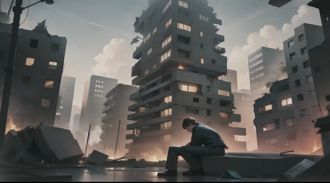 Boy sitting at the window and see the destruction of earth the building are broked and fall down there was firing in the city an...